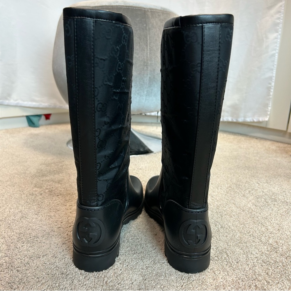 Gucci Black GG Monogram Signature Nylon Canvas Rubber Rain Boots 40 - Picture 3 of 14